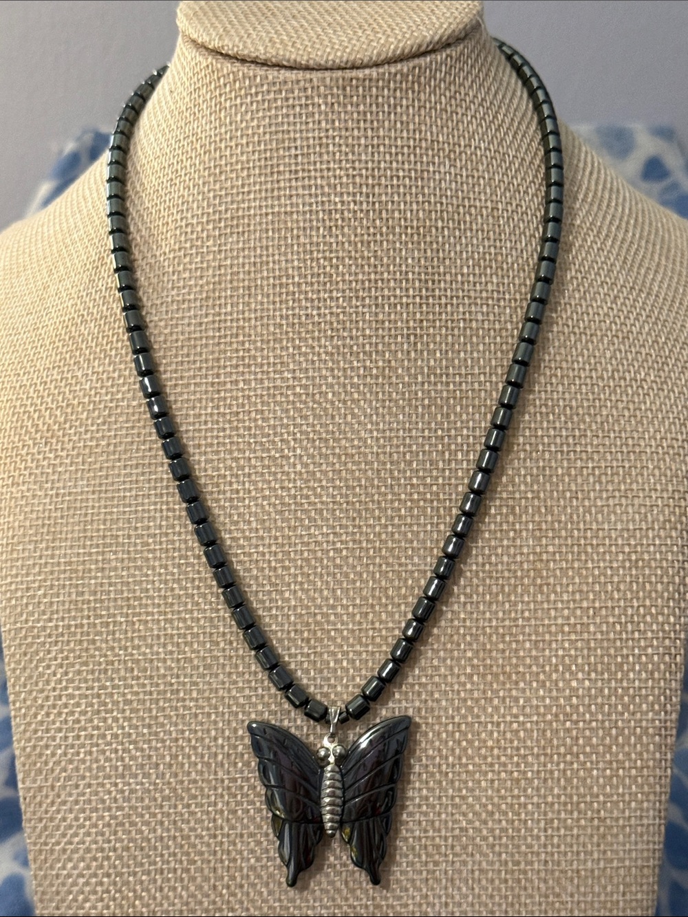 Hematite Beaded Butterfly Pendant Necklace - Black